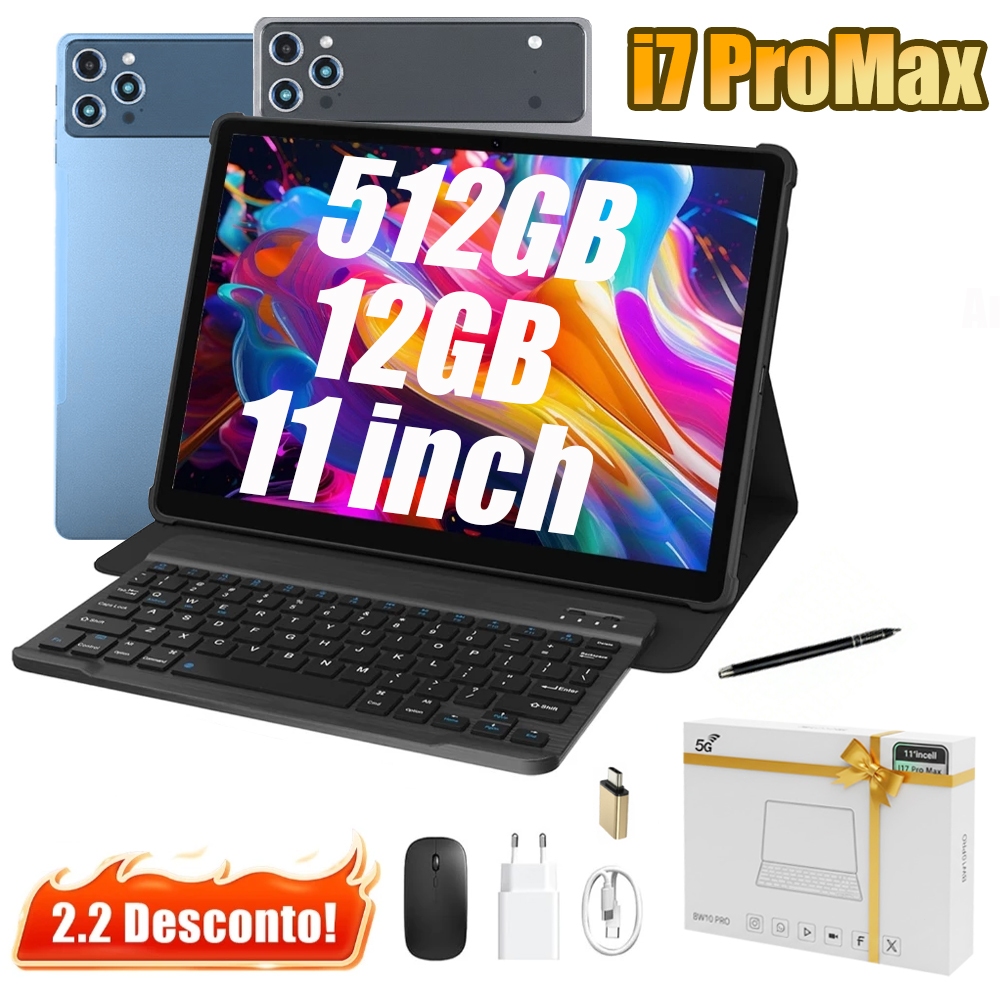 2026 Tablet i7 ProMax 11 " 12GB De RAM 512GB Android 14 , Dual SIM 4G WiFi Kit Completo Com Teclado