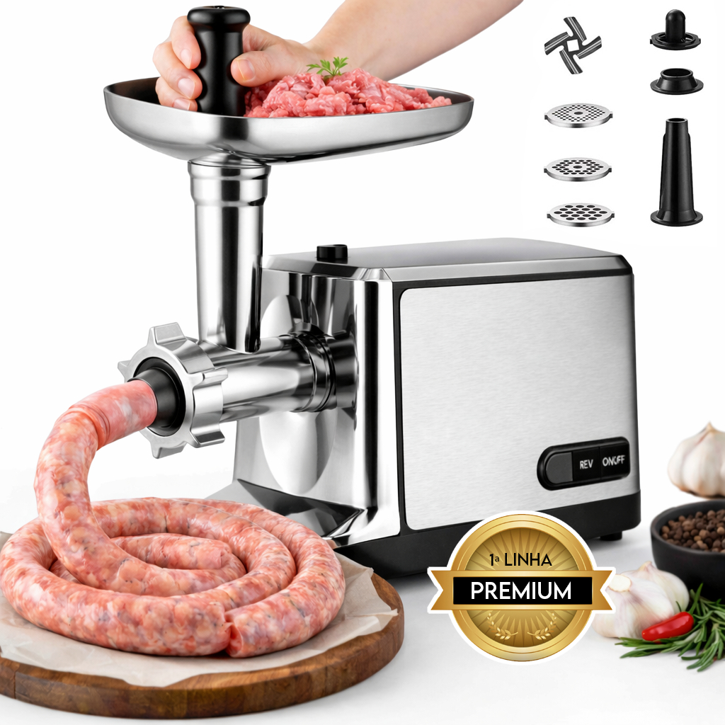 Máquina de Moer Carne Elétrica Inox Alta Potência 2000W com Enchedor de ...