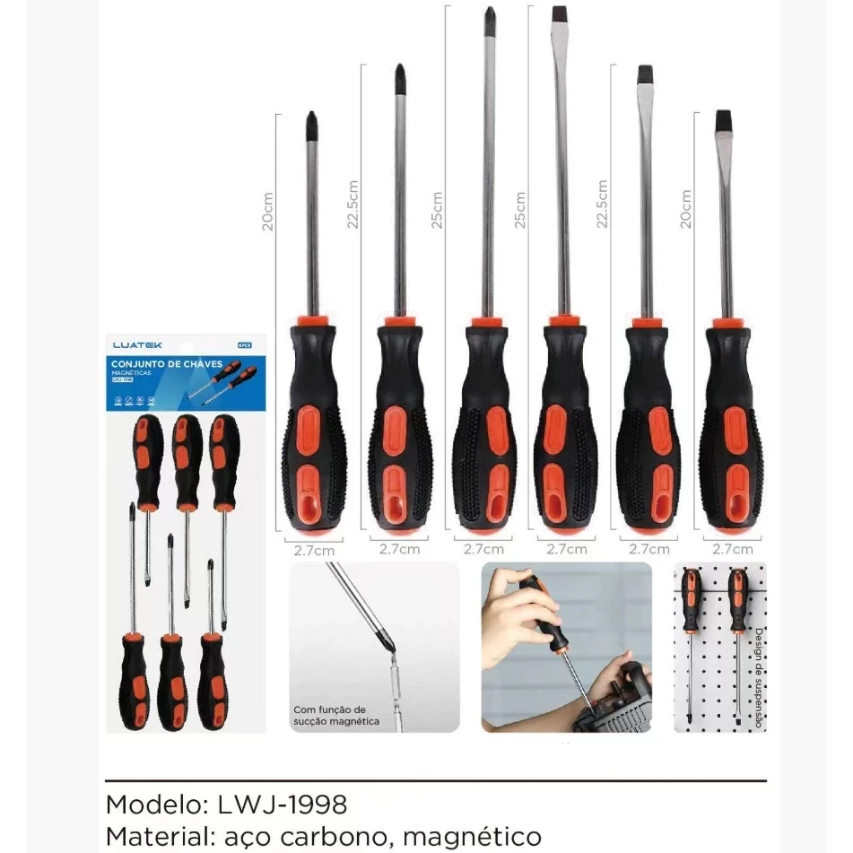 Jogo De Chaves De Fenda E Philips Com 6 Peças em Aço Cabo emborrachado e pontas imantadas