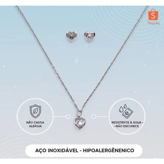 Kit Joias Femininas Colar e Pulseira de Coração Ponto de Luz Aço Inoxidável Hipoalergênico