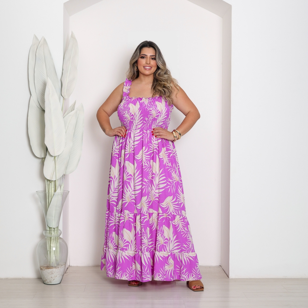 Vestido Longo Alça Floral Plus Size Elastex Feminino Elegante