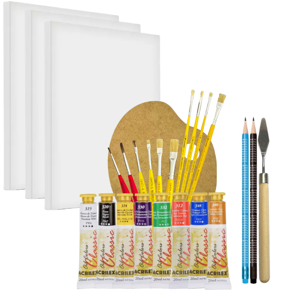 Kit Iniciante em Pintura 8 Tinta Óleo Acrilex 10 Pincel Condor 3 Tela ...