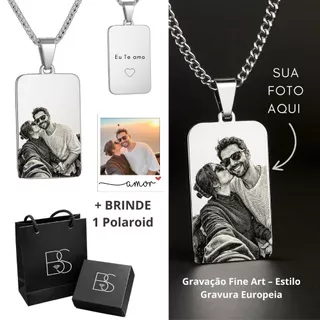 Corrente Aço Inox Plaquinha foto Gravação Artística Fine Art – Estilo Gravura Europeia Premium
