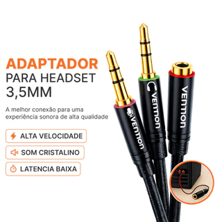Adaptador P3 Fêmea 2P2 Macho Headset Gamer PC Notebook Áudio Mic Vention Cabo Divisor 3.5mm