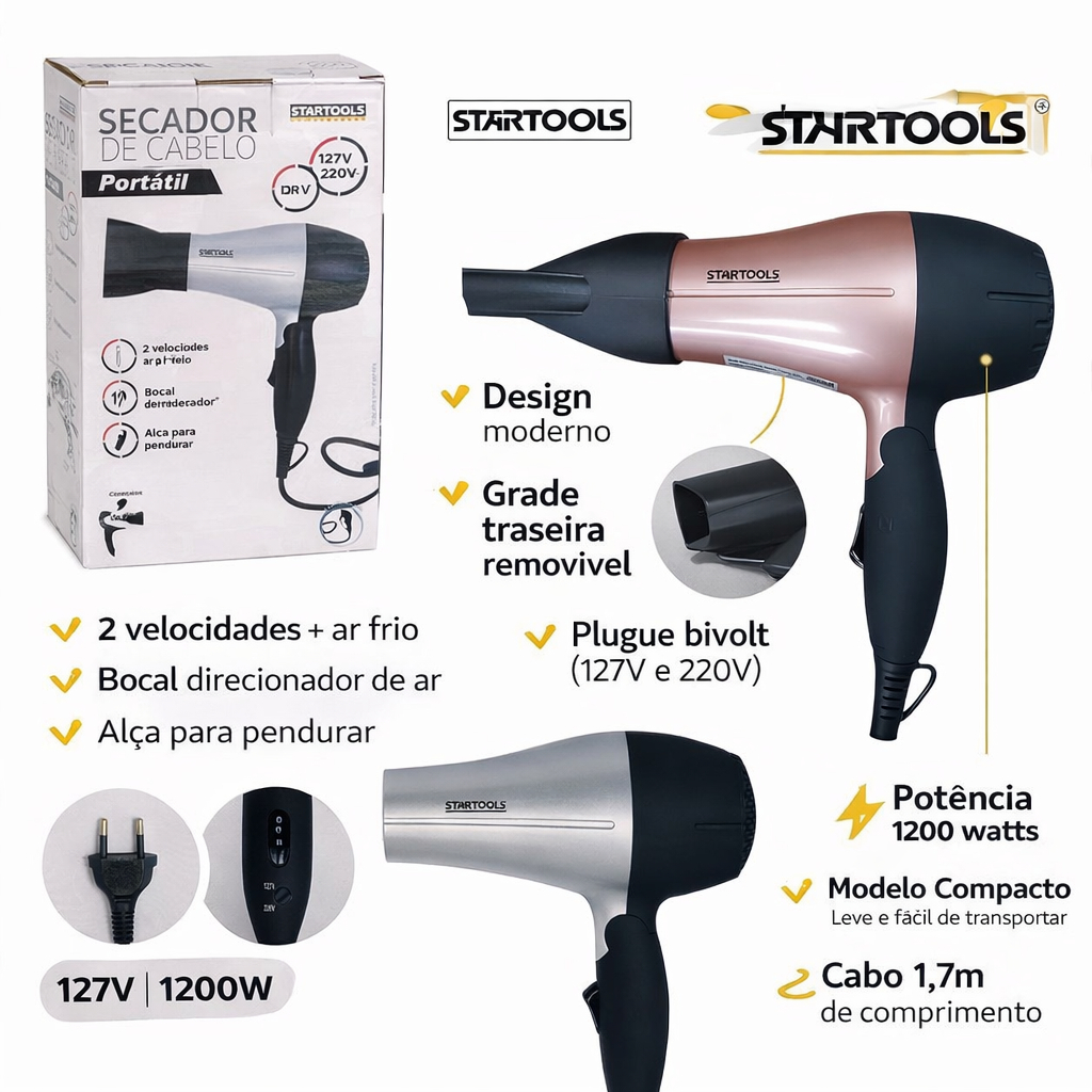 Secador de Cabelo Portátil Bivolt 1200W Profissional Compacto Dobrável ...