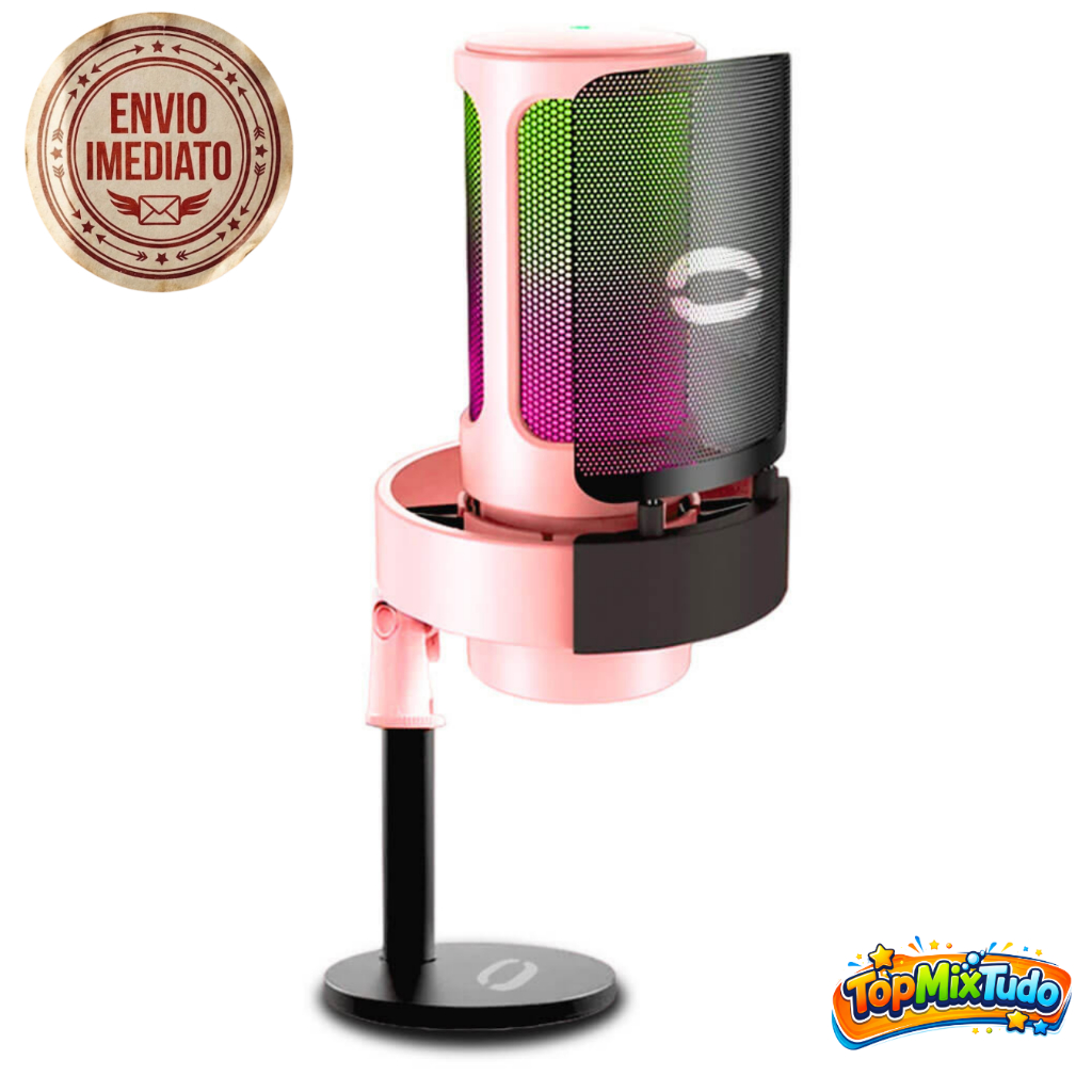 Microfone Gamer Condensador Rosa Rgb Usb Pc Streamer Podcast + Tripé ...