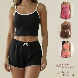 Conjuntinho Baby Dool Feminino Verão Canelada, Baby Doll Blogueirinha Pijama Sem Bojo em Oferta na Shopee