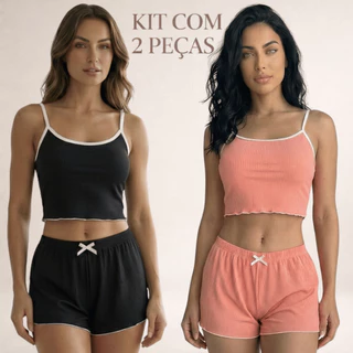 Kit 2 Pijamas Conjuntinho Baby Doll Feminino | Blogueirinha Sensual | Sem Bojo Canelado Baby Dool em Oferta na Shopee