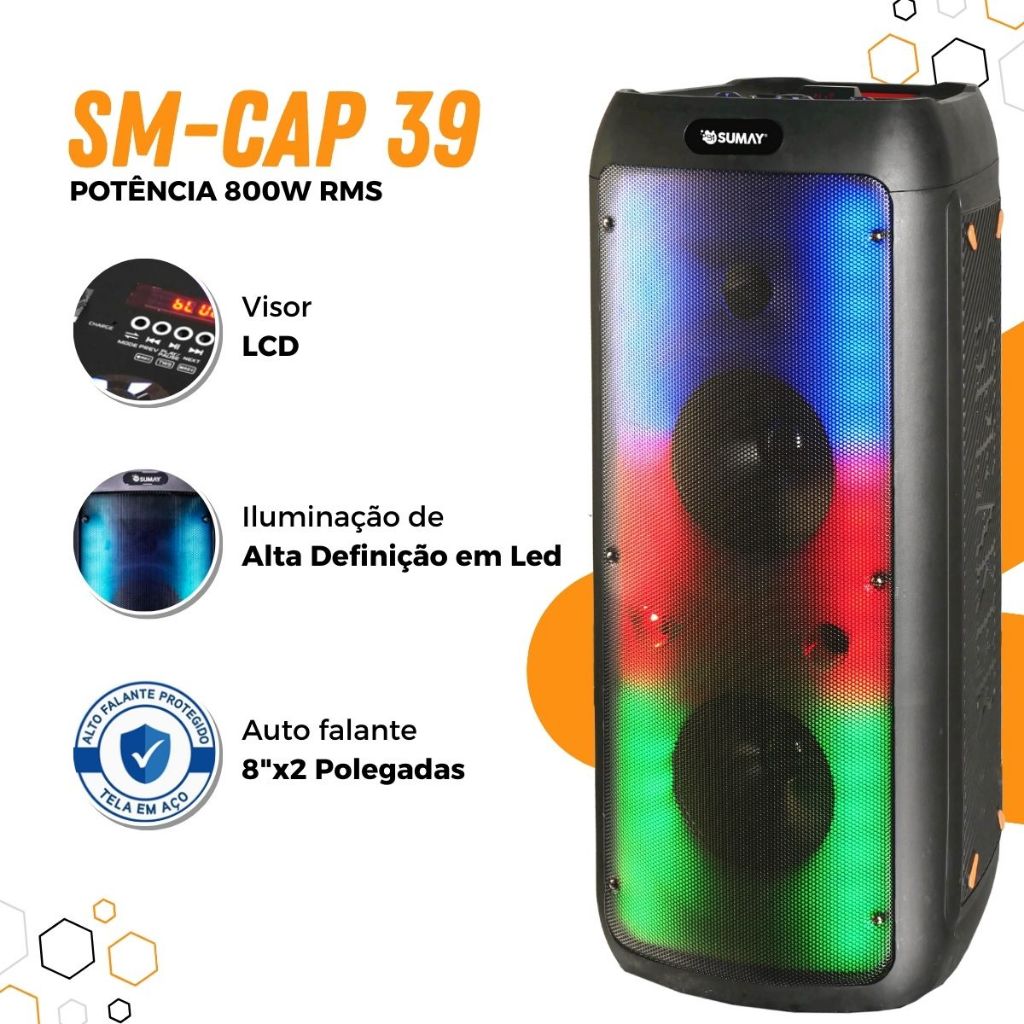 Caixa De Som Portátil Sumay Light Box 800W RMS com Controle