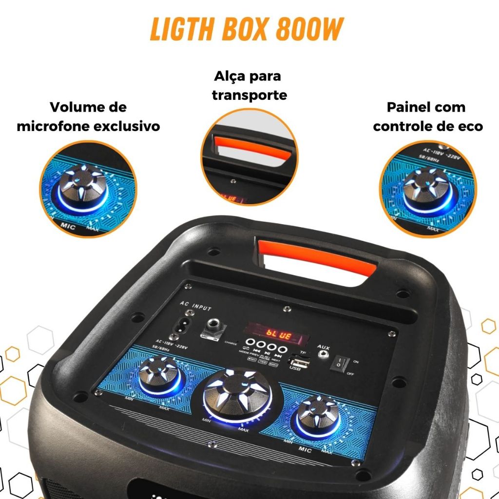Caixa De Som Portátil Sumay Light Box 800W RMS com Controle