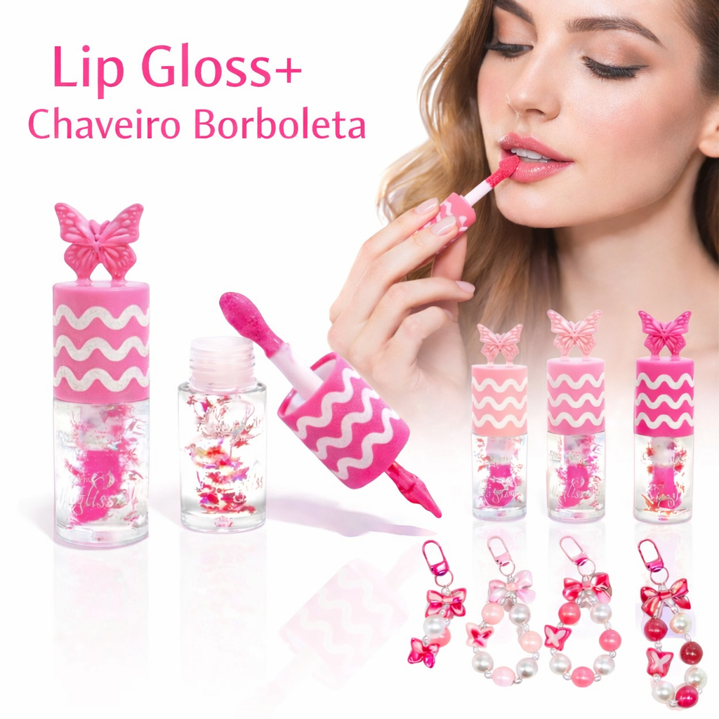 ドウセイカレシ　ButterflyLip Butterfly Gloss セット Cocofleur Lip Gloss Borboleta Rosa com Chaveiro / Pulseira