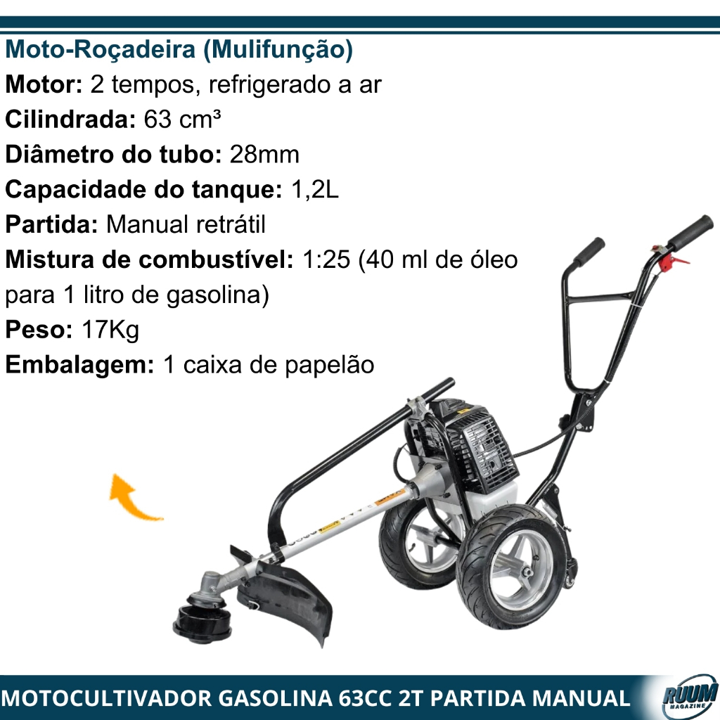 Motocultivador e Roçadeira Multifunção a Gasolina 2T 1,7HP 63CC