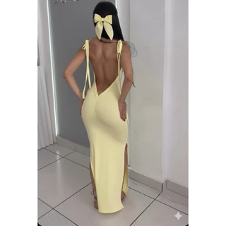 Vestido feminino longo costa nua drapeado no bumbum e fenda lateral (06) em Oferta na Shopee