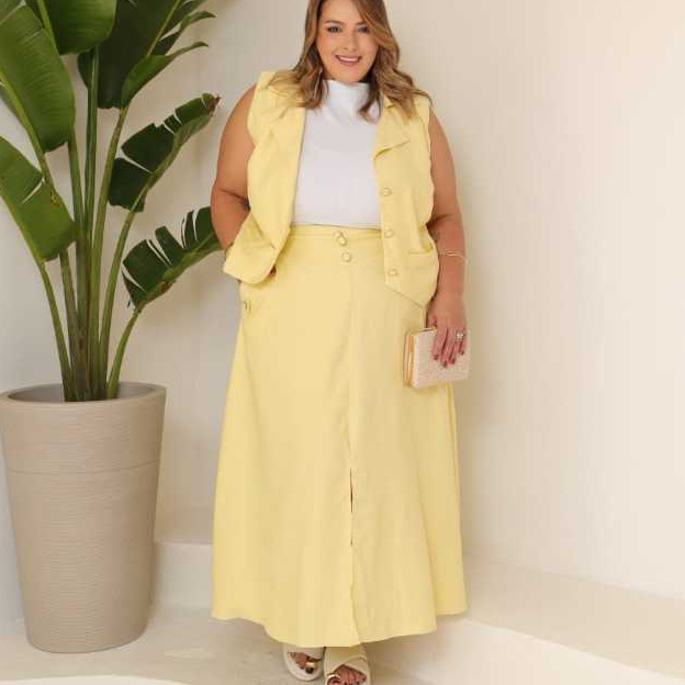 Conjunto Plus Size Alfaiataria Saia e Colete Marrant Bolso Verão Social ...