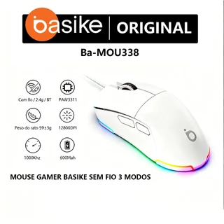 MOUSE GAMER BASIKE SEM FIO 3 MODOS | CONEXÃO BLUETOOTH 5.1, 2.4G e USB | RGB, 12800 DPI, RECARREGÁVEL