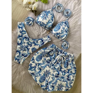 Conjunto Biquíni Cortininha + Shortinho | Look Feminino Praia Verão Azul em Oferta na Shopee