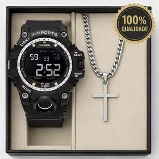 Conjunto relógio masculino Preto C Shok Digital + corrente cruz aço inox Prata