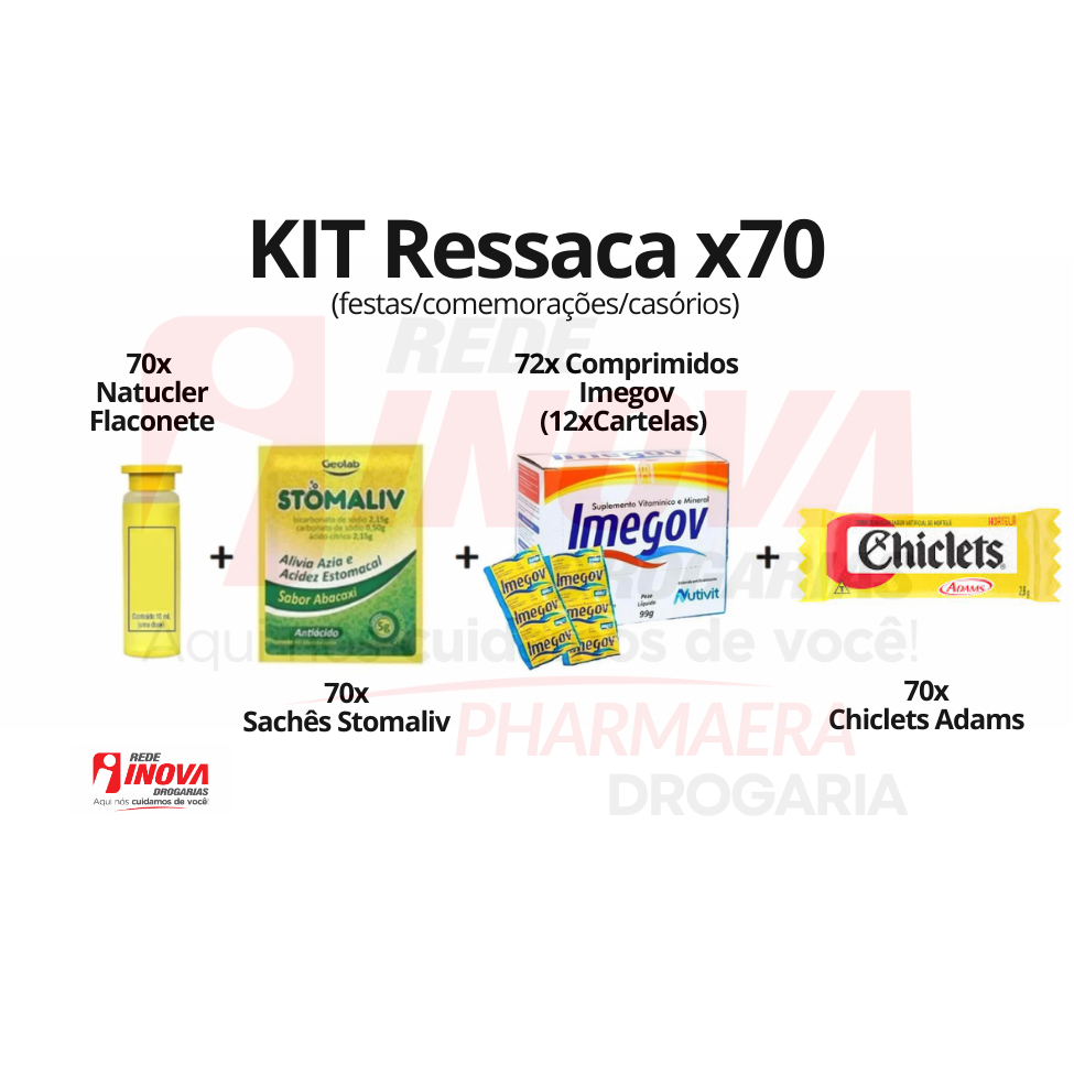Kit Ressaca 70 Flaconetes + 70 Envelopes Efervescentes + 72 Comprimidos ...