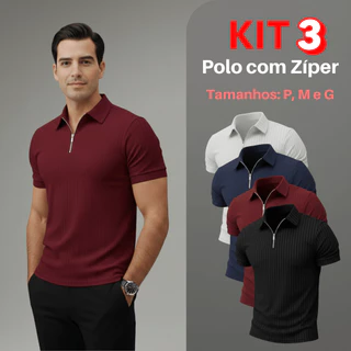 Kit 3 Camiseta Polo Com Ziper Manga Curta Canelada Camisa Básica Malha
