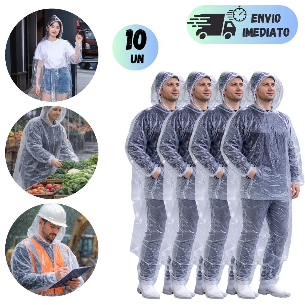KIT 10 OU 5 CONJUNTOS CAPA DE CHUVA DESCARTÁVEL TRANSPARENTE COM CAPUZ ...