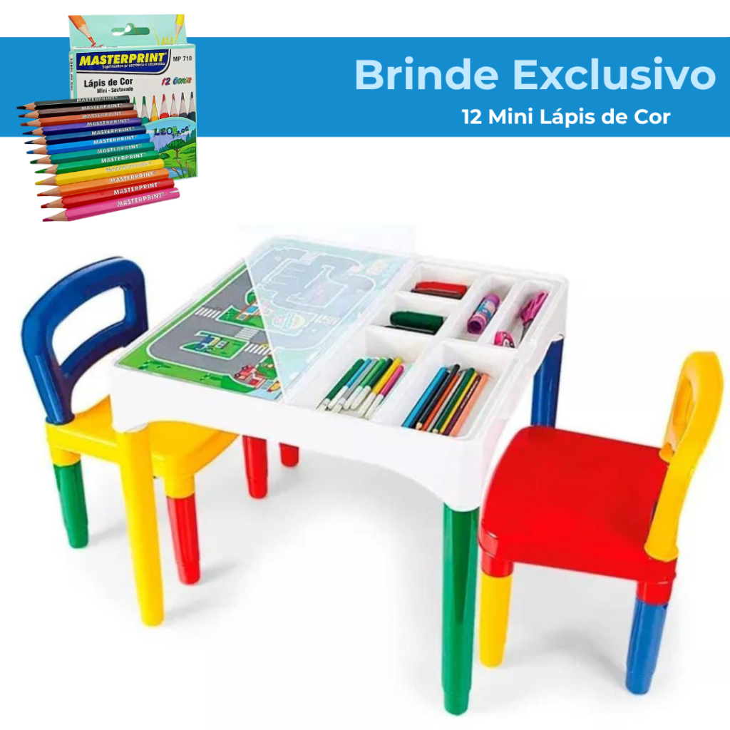 Mesa Mesinha Infantil Didática com 2 Cadeiras + Brinde Caixa Míni Lápis de Cor