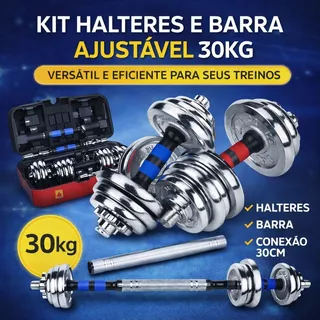 Kit de Halteres Ajustáveis com maleta 30kg com Barra para Musculação