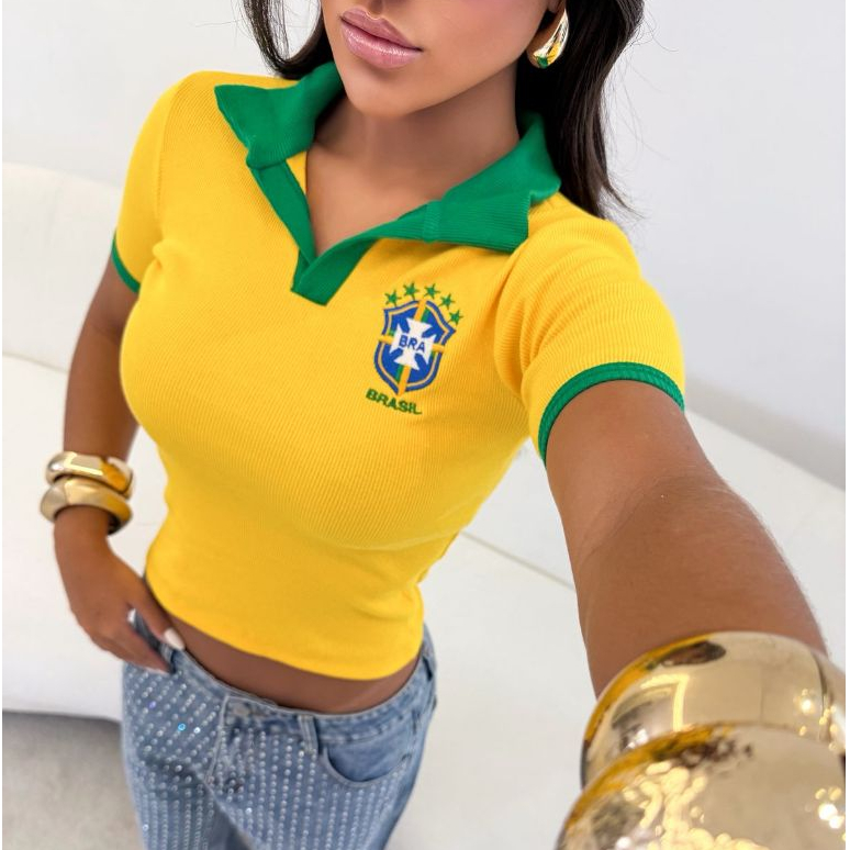 Camiseta Polo Feminina Brasil Canelada Ribana Premium Tamanho Único