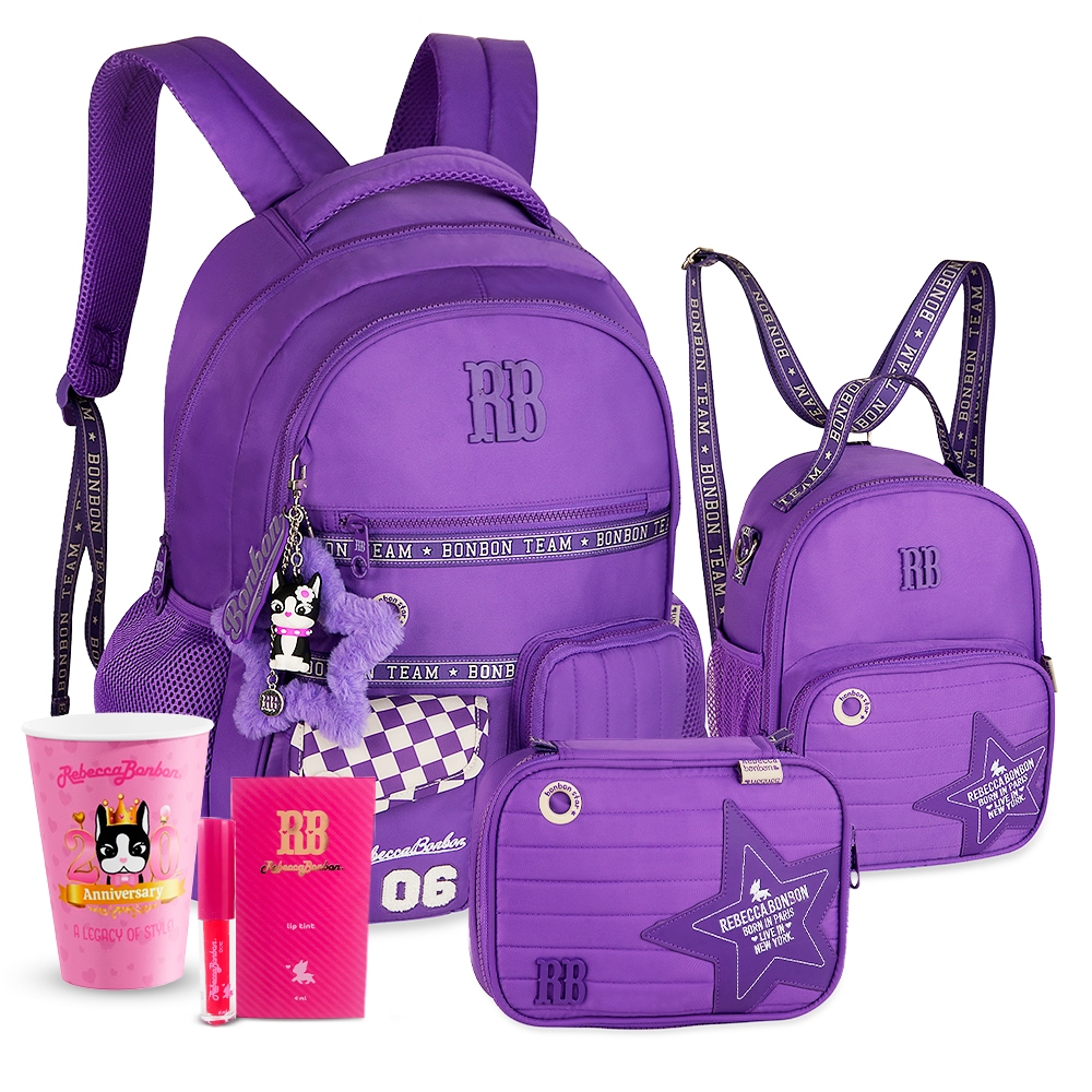 Kit Mochila Rebecca Bonbon Costas Soft Chaveiro RB Metalizado