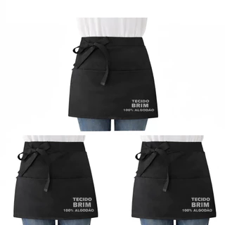 Kit 3 Aventais Cintura Brim Algodão com 2 Bolsos Liso Curto Menor Uniforme Chef Cozinha Restaurante Evento Churrasco