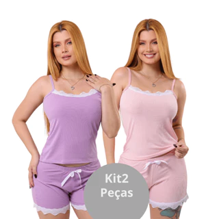 Kit 2 Pijamas Baby Doll Feminino Canelado Renda Luxo Conforto Sexy em Oferta na Shopee