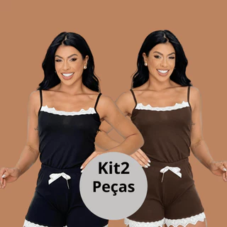 Kit 2 Pijamas Baby Doll Sexy Short Doll Canelado Premium Feminino Detalhe de Renda Luxo Sem Bojo em Oferta na Shopee