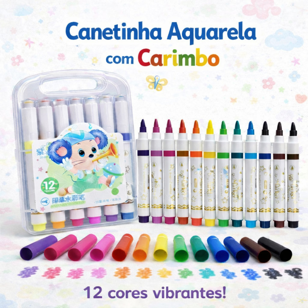 Kit Canetinha Canetas Aquarela com Carimbo 12 Cores Infantil Criativa ...