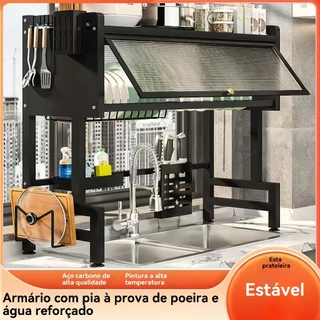 Escorredor De Louça Cozinha 65cm Suspenso Autosustentável - Organizador de Pratos à Prova de Água e Poeira, Cor Preto