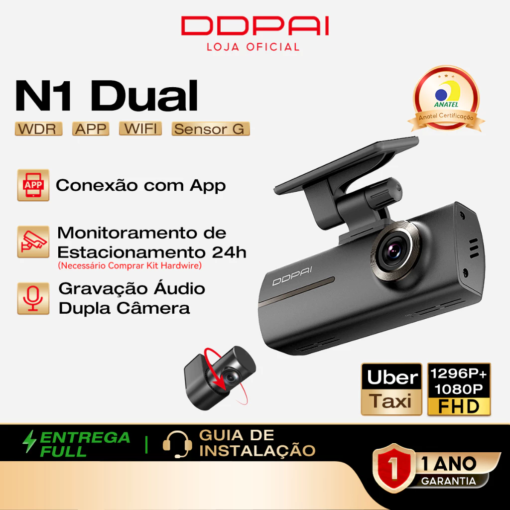 Câmera Veicular DDPAI N1 Dual 1296P+1080P Uber WiFi App Supercapacitor Visão Noturna Gravação em Loops