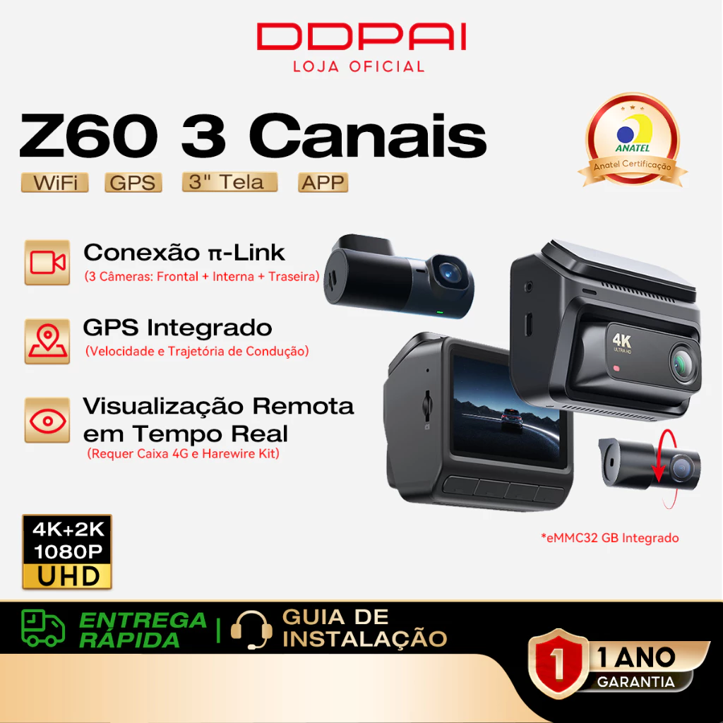 DDPAI Z60 Dual 4K Ultra HD GPS Câmera Veicular de 3 Canais Frontais e Traseiros e 4G Ao Vivo