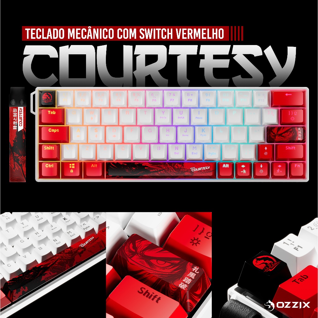 Teclado Mecânico Keycaps Personalizado com Fitinha Courtesy 65% Premium Exclusivo Switch Red RGB Cultura Japonesa