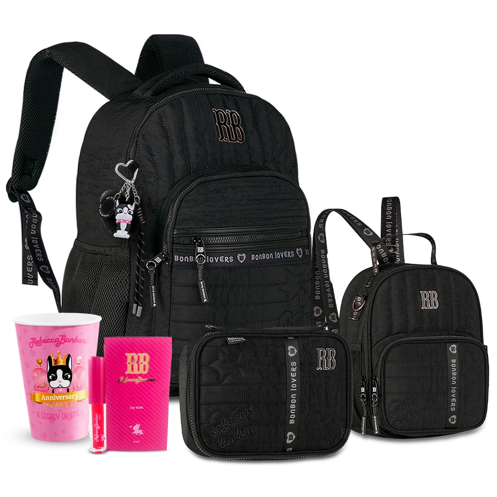 Kit Mochila Rebecca Bonbon Costas Soft Chaveiro RB Metalizado