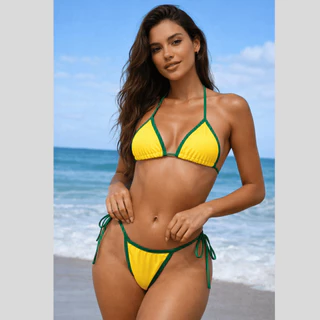 Biquíni Fita Fio Dental Brasil Regulável Marquinha Moda Praia Verão Feminino Verde Amarelo em Oferta na Shopee
