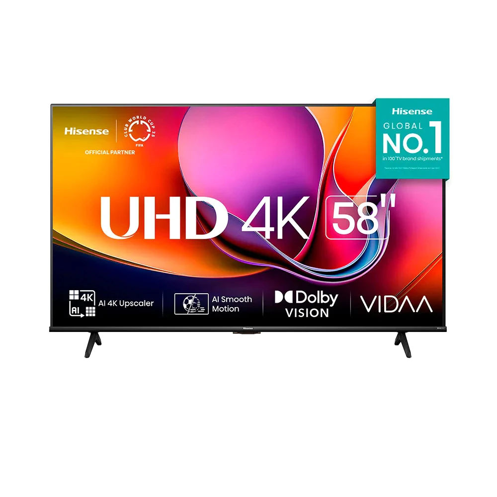 Smart TV Hisense 58 polegadas 4K UHD com bordas finas e logotipo da marca