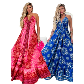 Vestido feminino INDIANO ESTAMPADO ELEGANTE longo frente Única e costa Nua