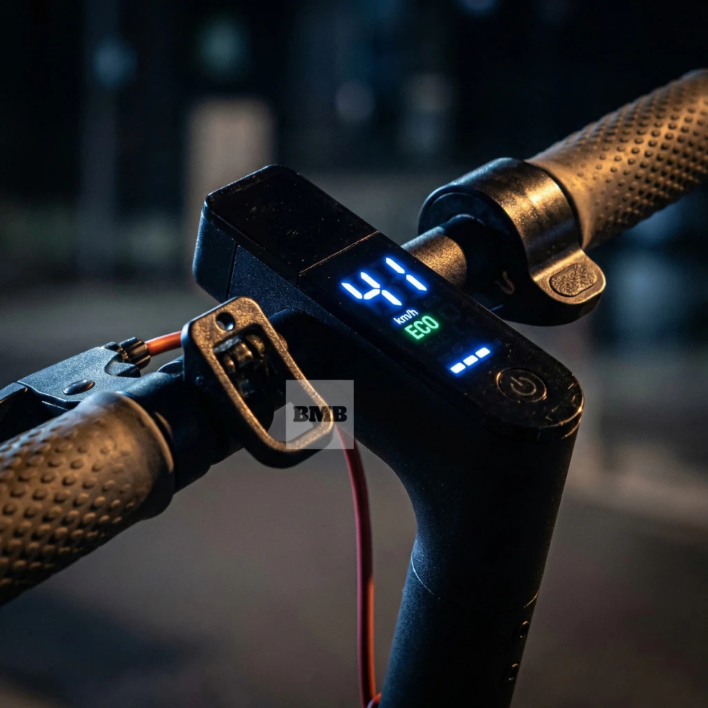 Detalhe do guidão do patinete elétrico preto, mostrando o painel digital iluminado com a velocidade de 41 km/h no modo ECO e o indicador de nível de bateria, em um ambiente noturno.