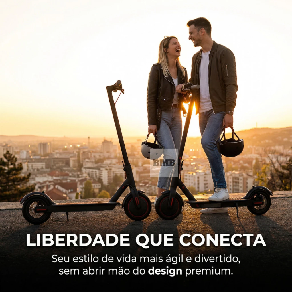 Casal sorridente em um pôr do sol dourado, cada um com seu patinete elétrico preto ao lado, em um mirante com vista para uma cidade, simbolizando liberdade e diversão.