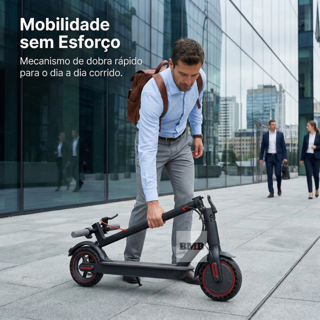 Homem de camisa social e mochila dobrando facilmente o patinete elétrico preto em uma calçada urbana movimentada com edifícios de vidro ao fundo, exemplificando a mobilidade sem esforço.