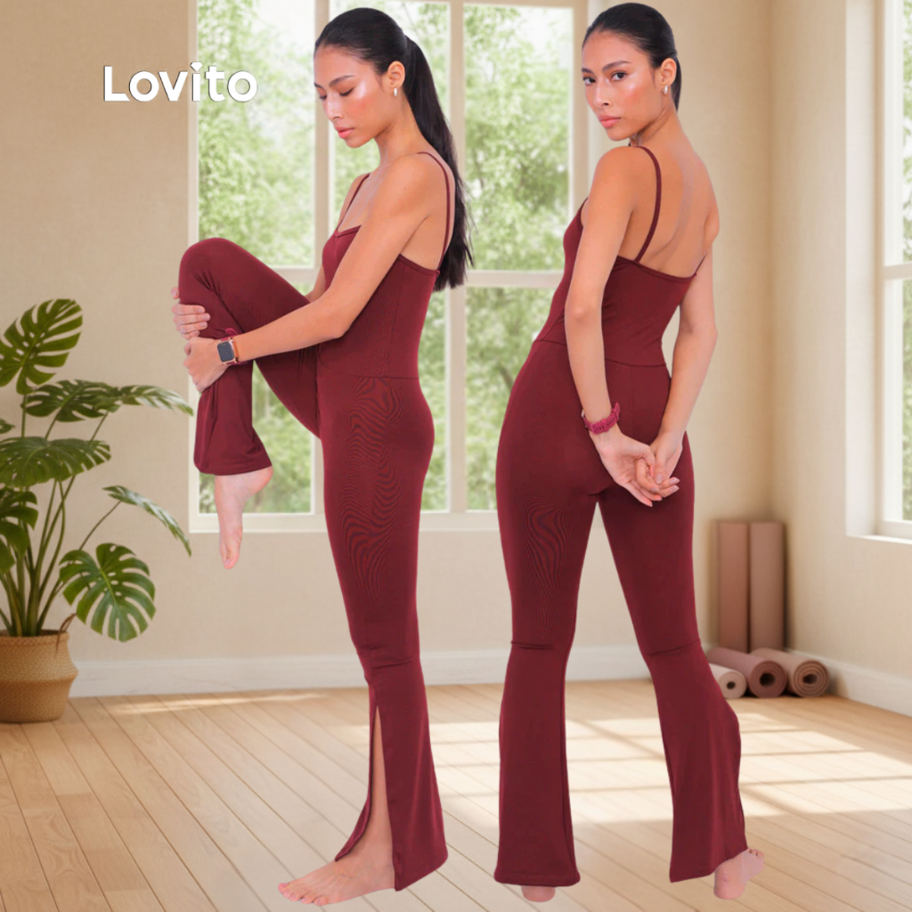 Lovito Macacão Longo Marrom Academia Esportivo Liso para Mulheres LB706BRL736