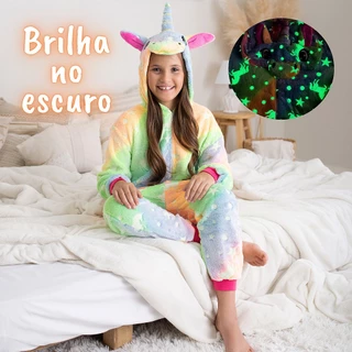 Pijama Unicórnio de menina brilha no escuro kigurumi de plush tipo mantinha quentinho de inverno em Oferta na Shopee