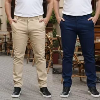 Kit 2 Calças Masculinas Plus Size Social Sport Fino em Sarja com Lycra Do 48 ao 56 Bege e Azul Marinho