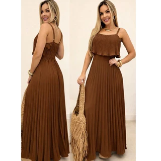 Vestido Longo Plissado Feminino Premium Elegante Alças Finas Moda feminina em Oferta na Shopee