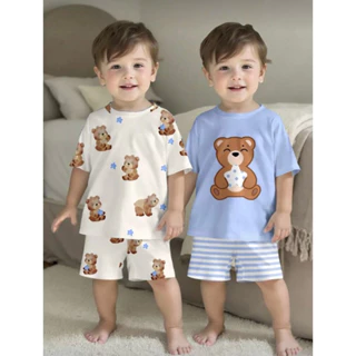 Conjunto 4 pecas de Pijama Solto Casual com Estampa para Menino, e Menina Adequado para o Verão em Oferta na Shopee