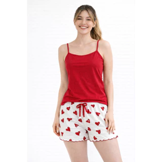 Pijama Feminino de Alcinha Vermelho | Short Doll Baby Doll | com Corações em Viscolycra Confortável em Oferta na Shopee