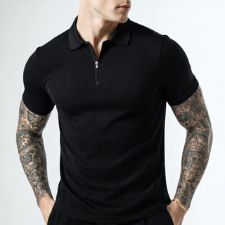 Camisa Polo Italiana Masculina Canelada Premium Slim Manga Curta com Zíper Casual Elegante